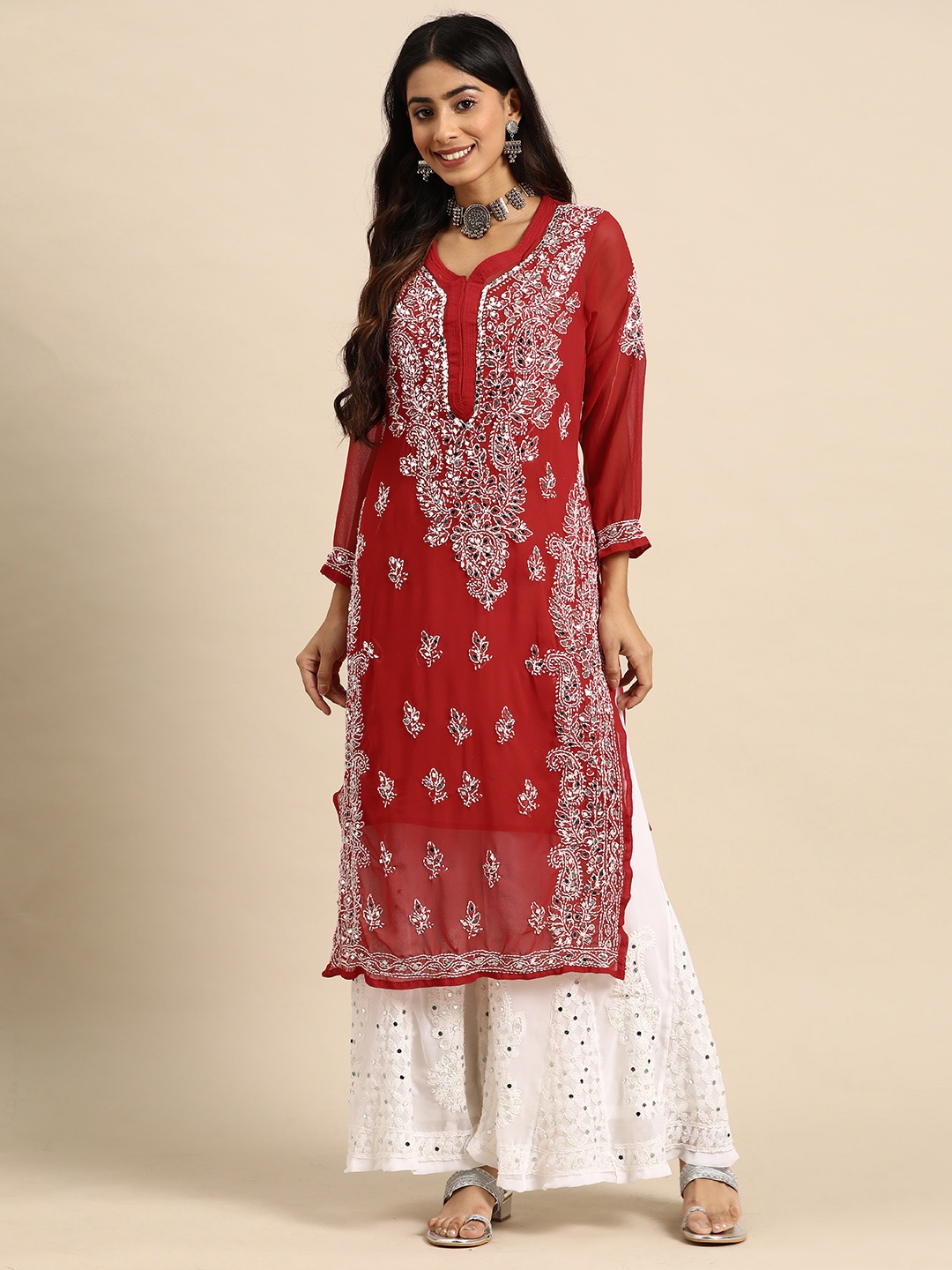 

Saadgi Ethnic Motifs Embroidered Regular Chikankari Kurta With Sharara, Red