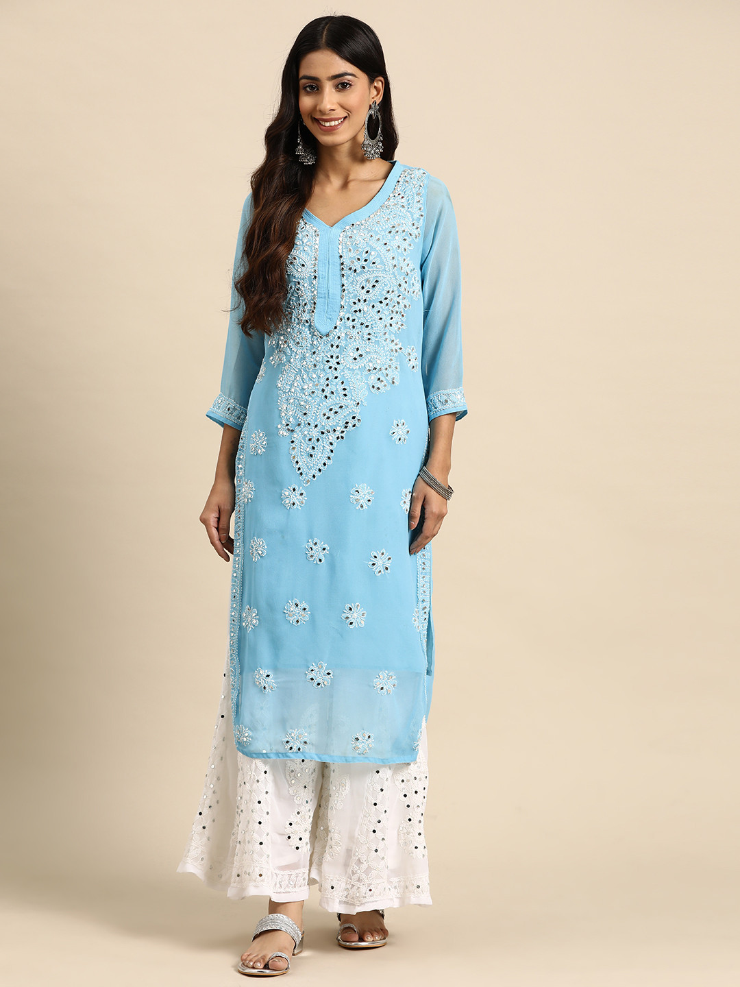 

Saadgi Ethnic Motifs Embroidered Regular Chikankari Kurta With Sharara, Turquoise blue