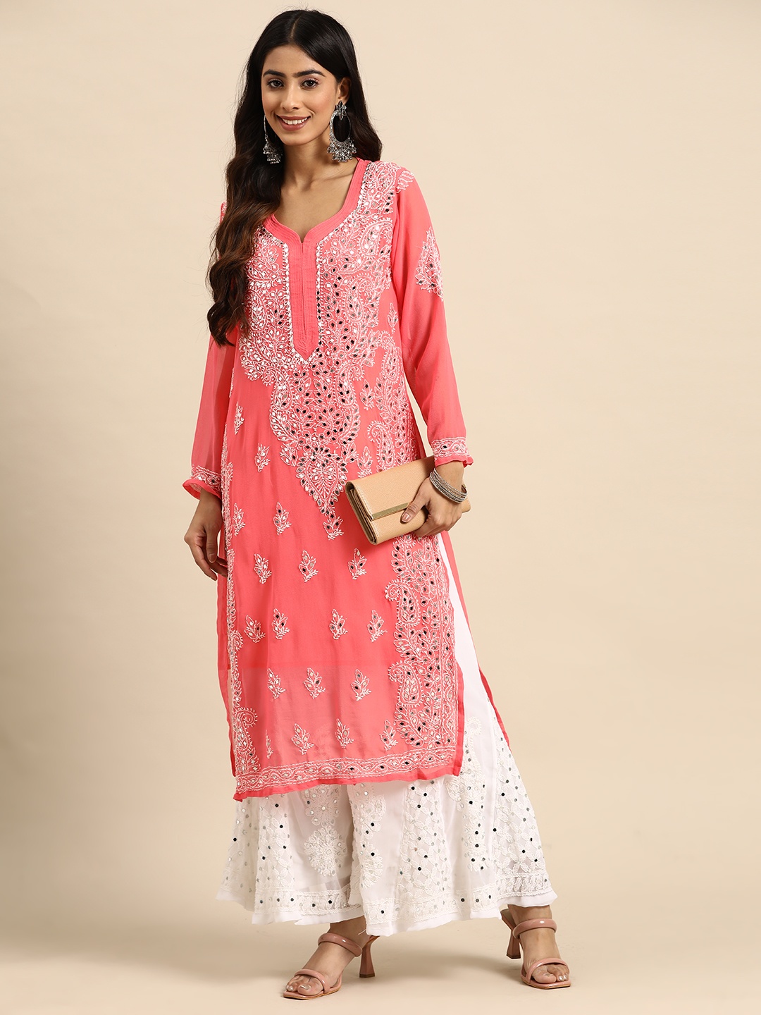 

Saadgi Ethnic Motifs Embroidered Sweetheart Neck Chikankari Kurta With Sharara, Peach