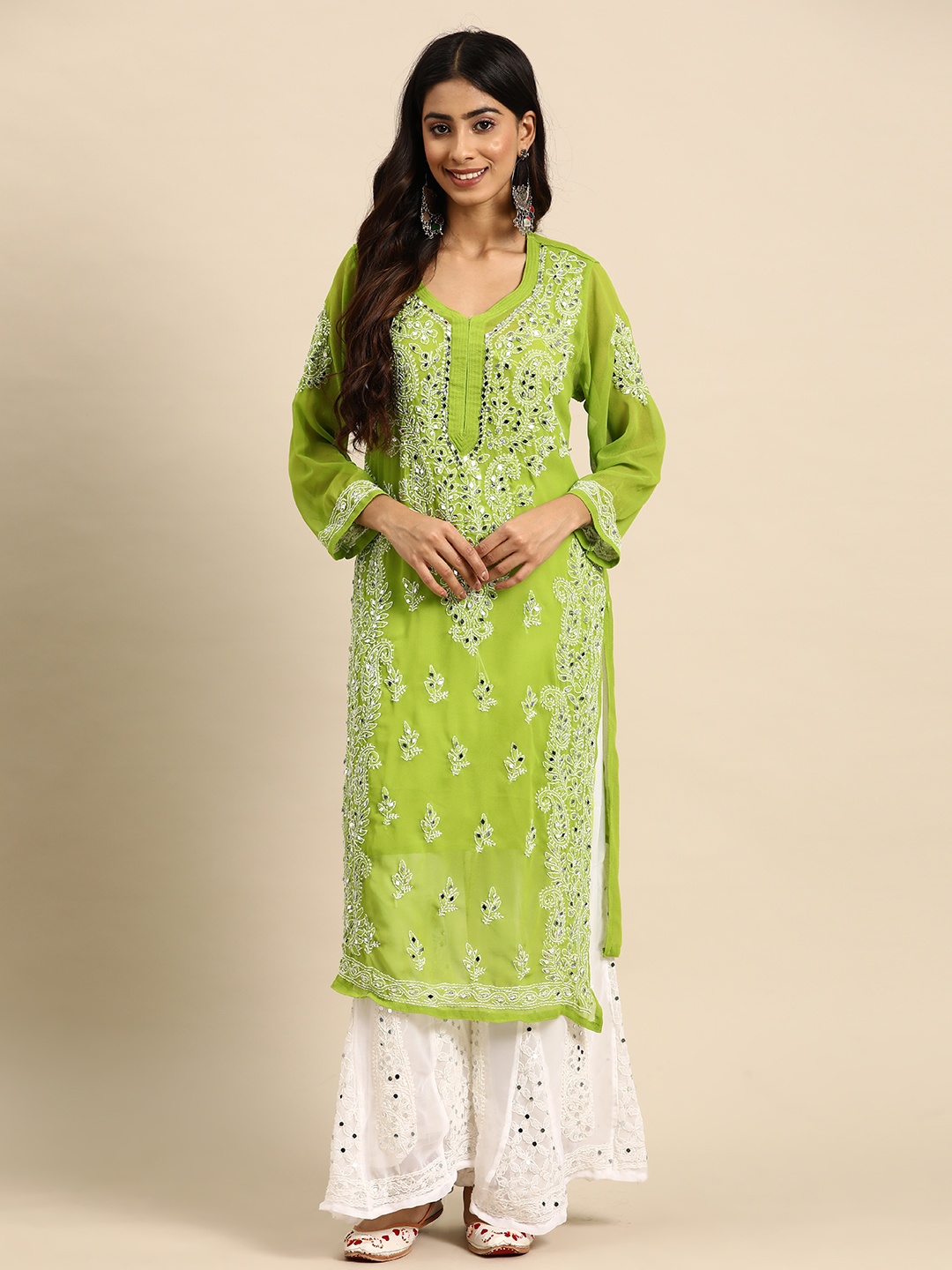 

Saadgi Ethnic Motifs Embroidered Regular Chikankari Kurta with Sharara, Lime green