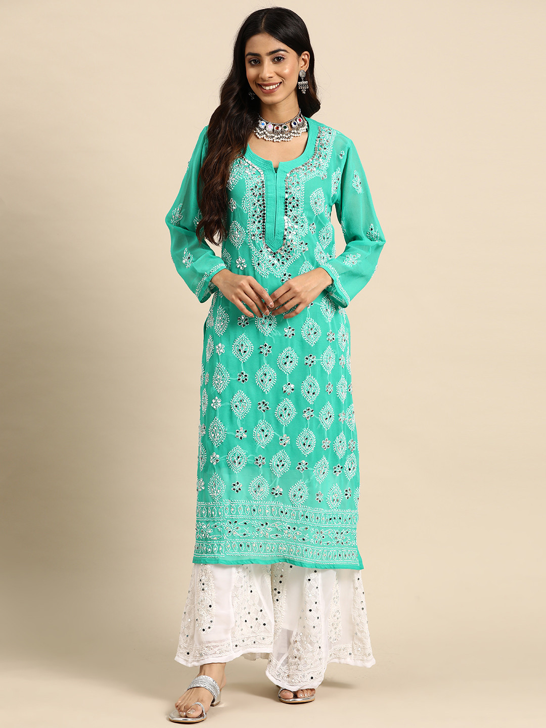

Saadgi Ethnic Motifs Embroidered Regular Chikankari Kurta with Sharara, Sea green