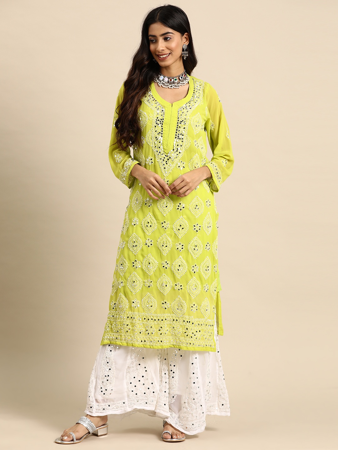 

Saadgi Ethnic Motifs Embroidered Regular Chikankari Kurta with Sharara, Lime green