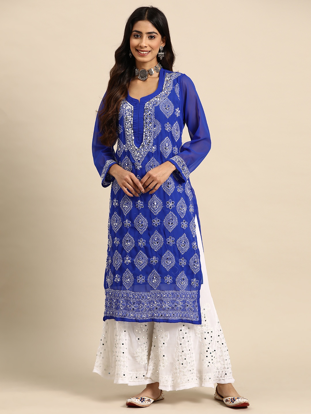 

Saadgi Ethnic Motifs Embroidered Regular Chikankari Kurta with Sharara, Blue