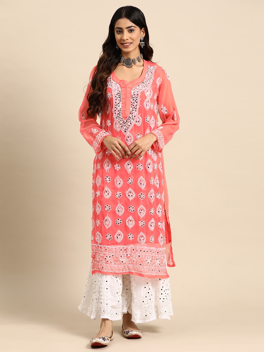 

Saadgi Ethnic Motifs Embroidered Regular Chikankari Kurta with Sharara, Coral