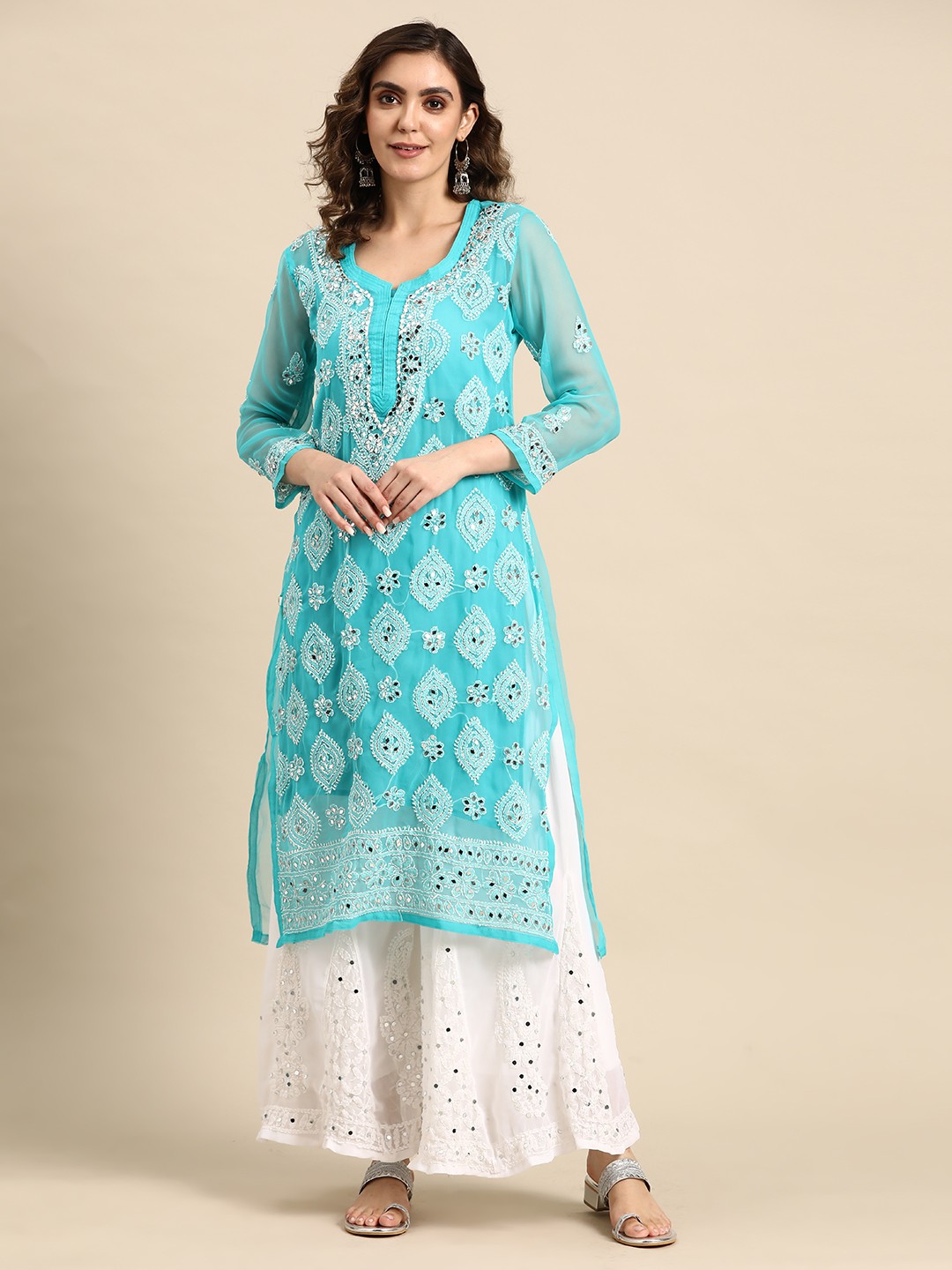 

Saadgi Ethnic Motifs Embroidered Regular Chikankari Kurta with Sharara, Turquoise blue
