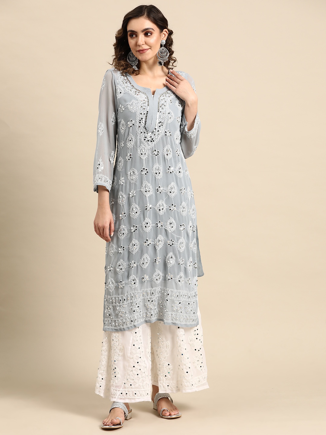 Saadgi Ethnic Motifs Embroidered Regular Chikankari Kurta with Sharara, Grey