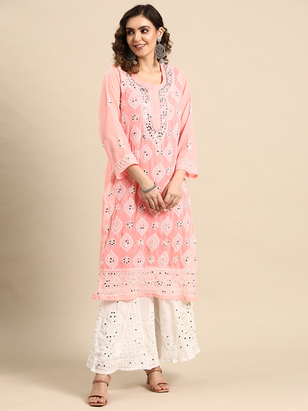 

Saadgi Ethnic Motifs Embroidered Regular Chikankari Kurta with Sharara, Peach