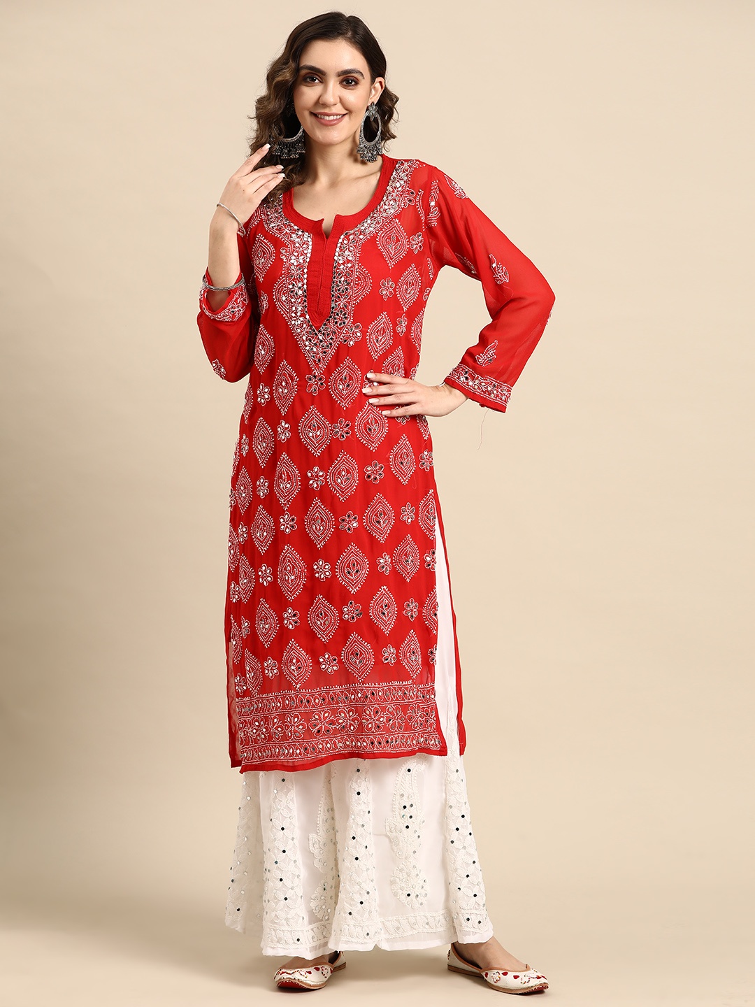 

Saadgi Ethnic Motifs Embroidered Regular Chikankari Kurta with Sharara, Red