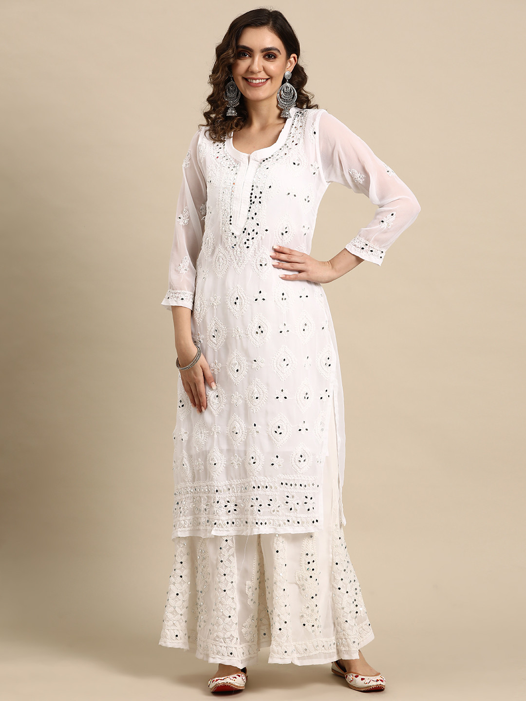 

Saadgi Ethnic Motifs Embroidered Regular Chikankari Kurta with Sharara, White