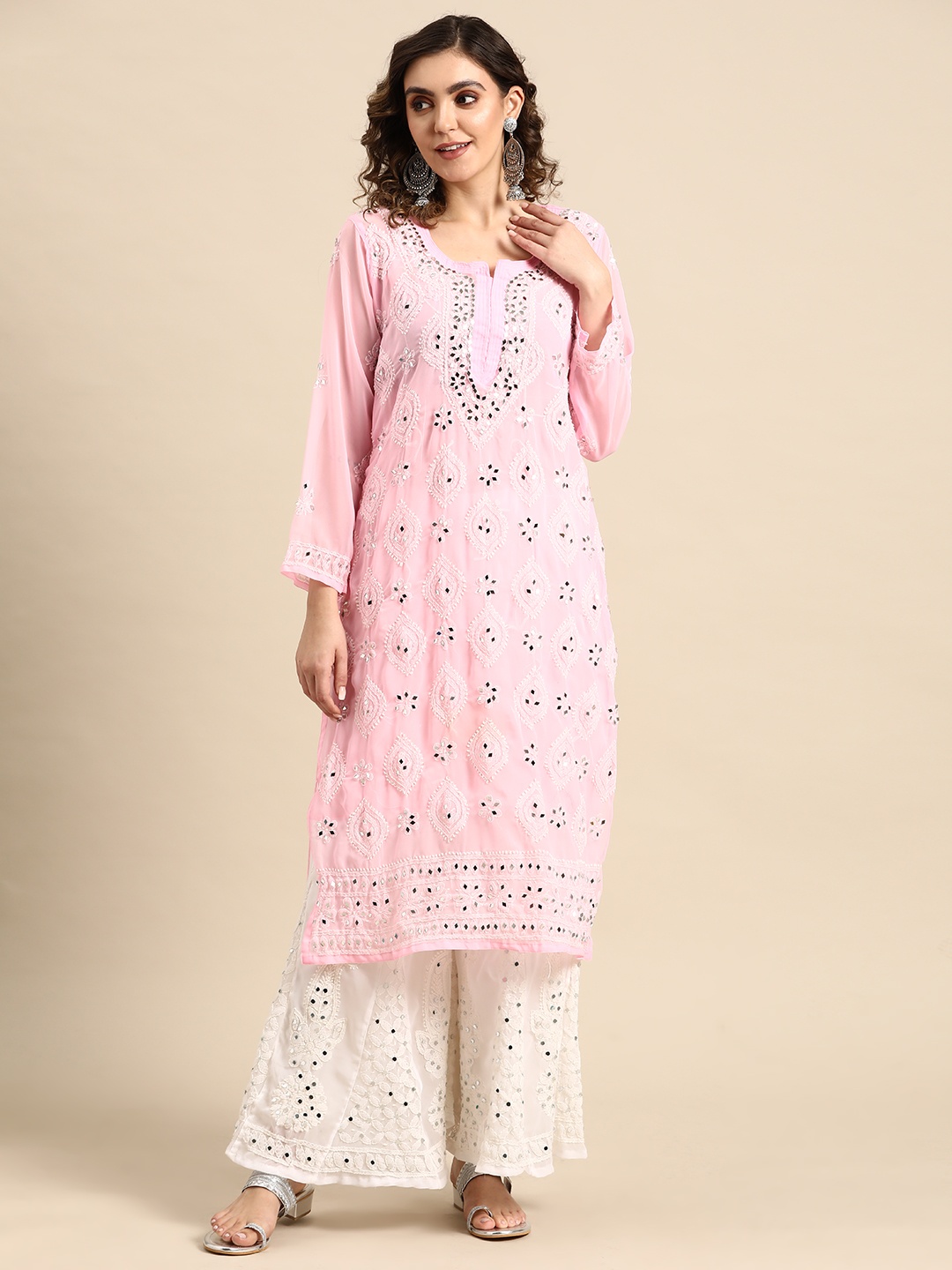 

Saadgi Ethnic Motifs Embroidered Regular Chikankari Kurta with Sharara, Pink