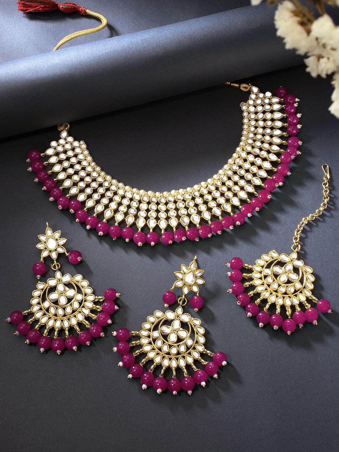 

Peora Gold-Plated Kundan Choker Necklace Jewellery Set, Pink