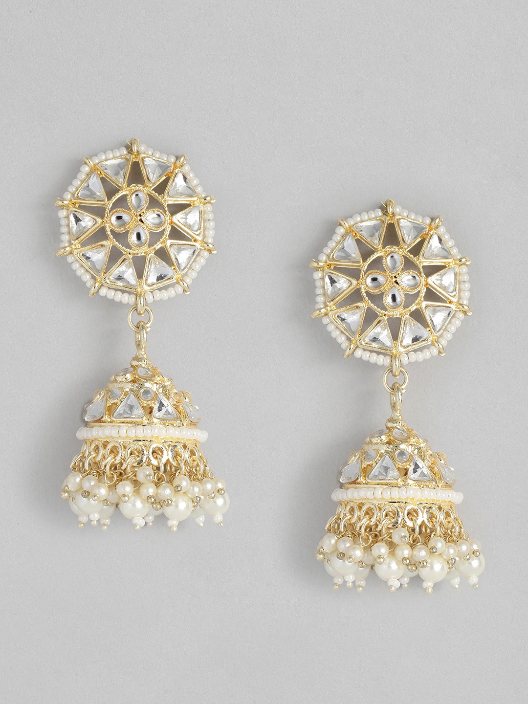 

Peora White Gold-Plated Kundan Studded Dome Shaped Jhumkas Earrings