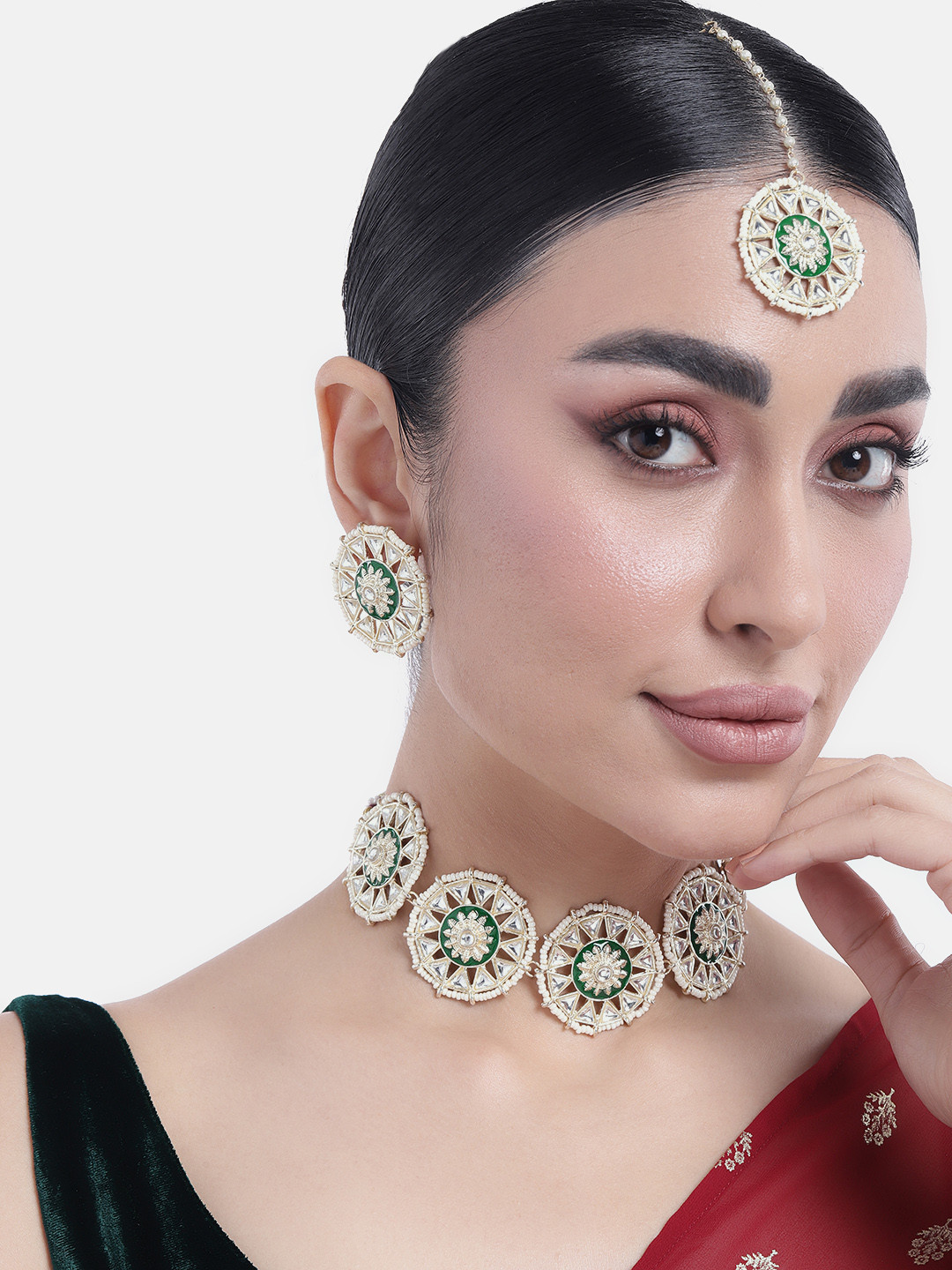 

Peora Gold-Plated Kundan Choker Necklace Jewellery Set, Green