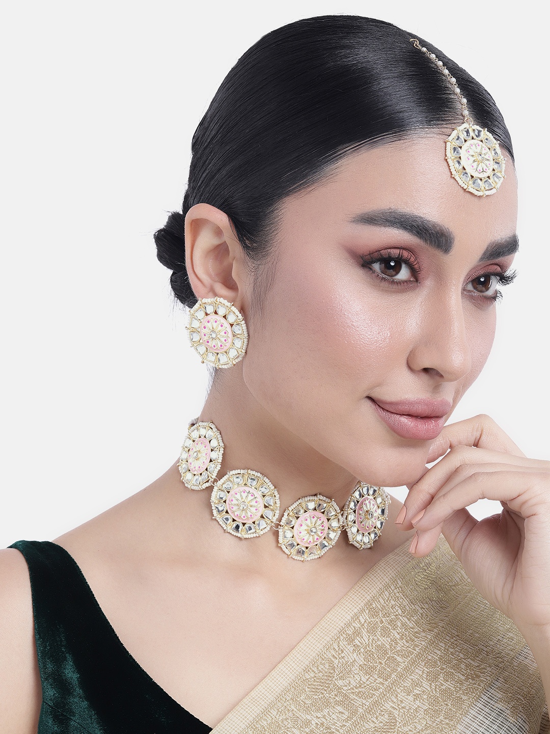 

Peora Gold-Plated Kundan Choker Necklace Jewellery Set, Pink