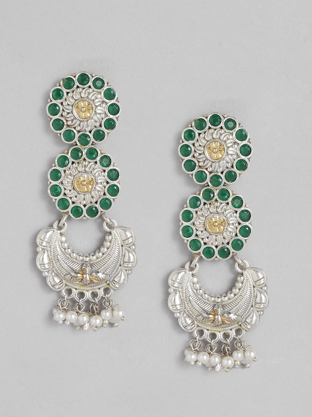 

Peora Green & White Silver-Plated Contemporary Drop Earrings