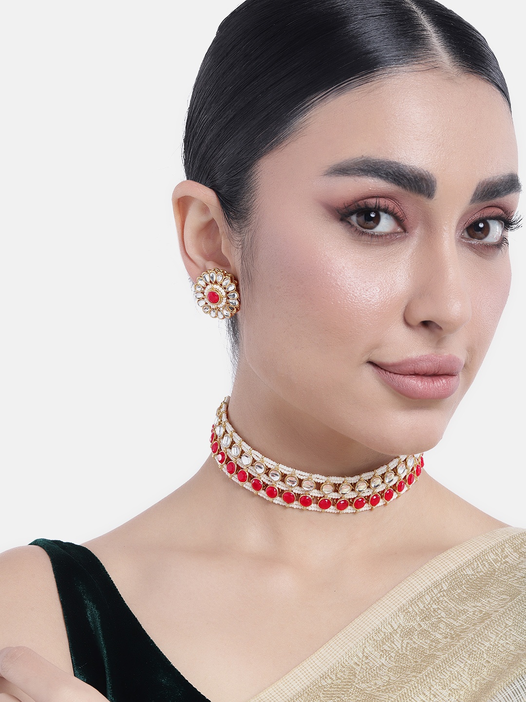 

Peora Gold-Plated Kundan-Studded Jewellery Set, Red