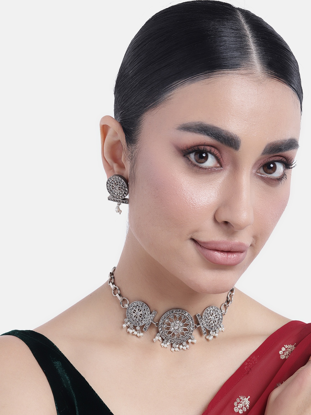 

Peora Silver-Plated Artificial Stones Necklace Jewellery Set, White