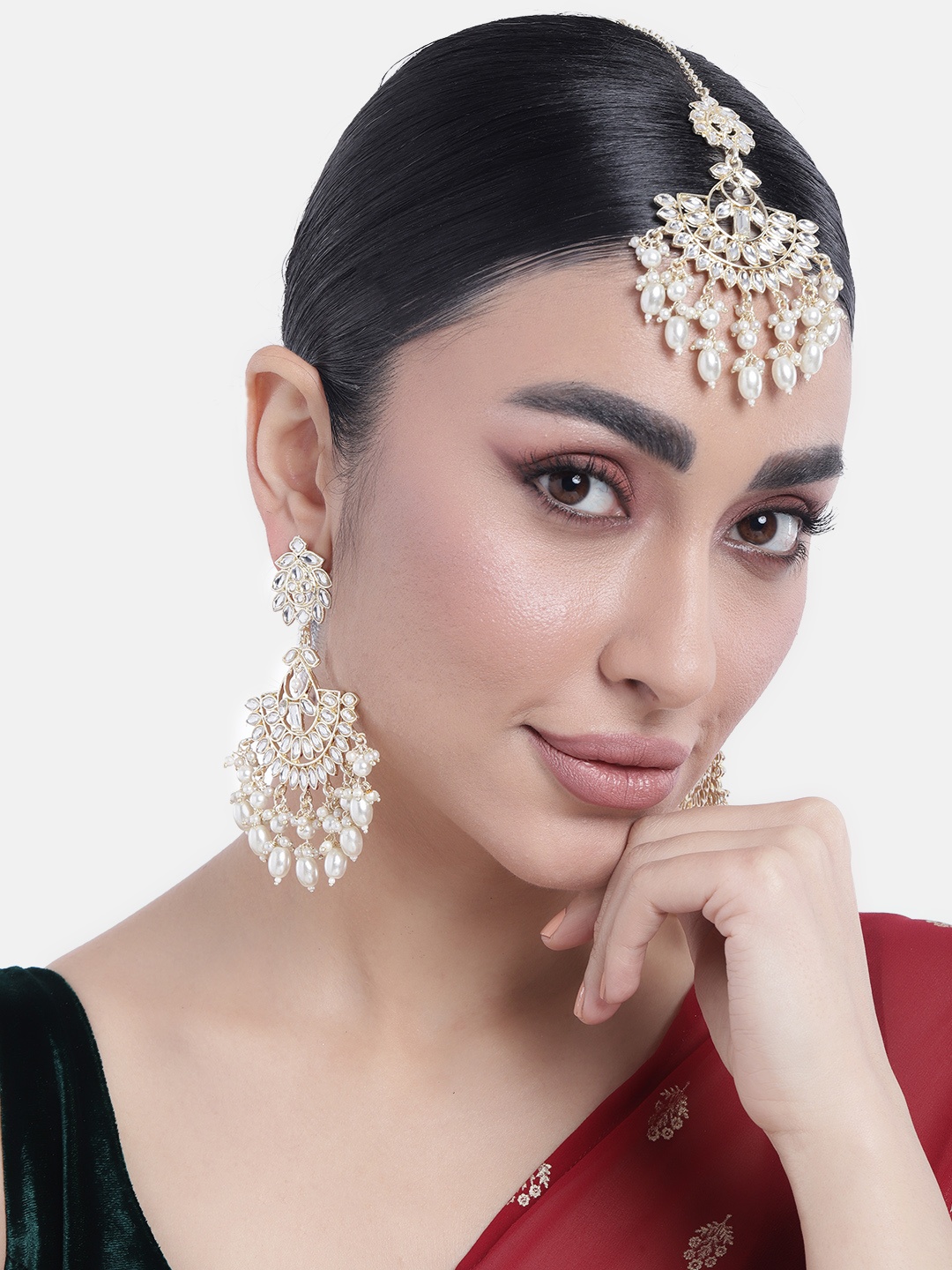 

Peora Gold-Plated Kundan Maang Tikka With Earrings Set, White