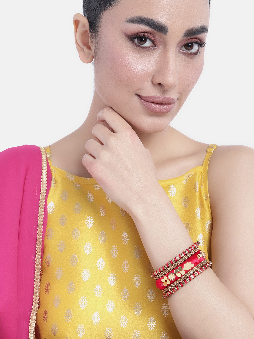 

Peora Women Set of 2 Kundan Studded Silk Thread Bangles, Red
