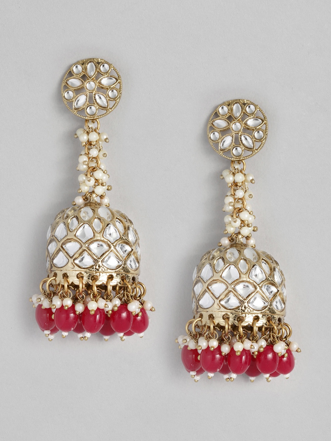 

Peora Pink & White Gold-Plated Kundan Studded Dome Shaped Jhumkas Earrings