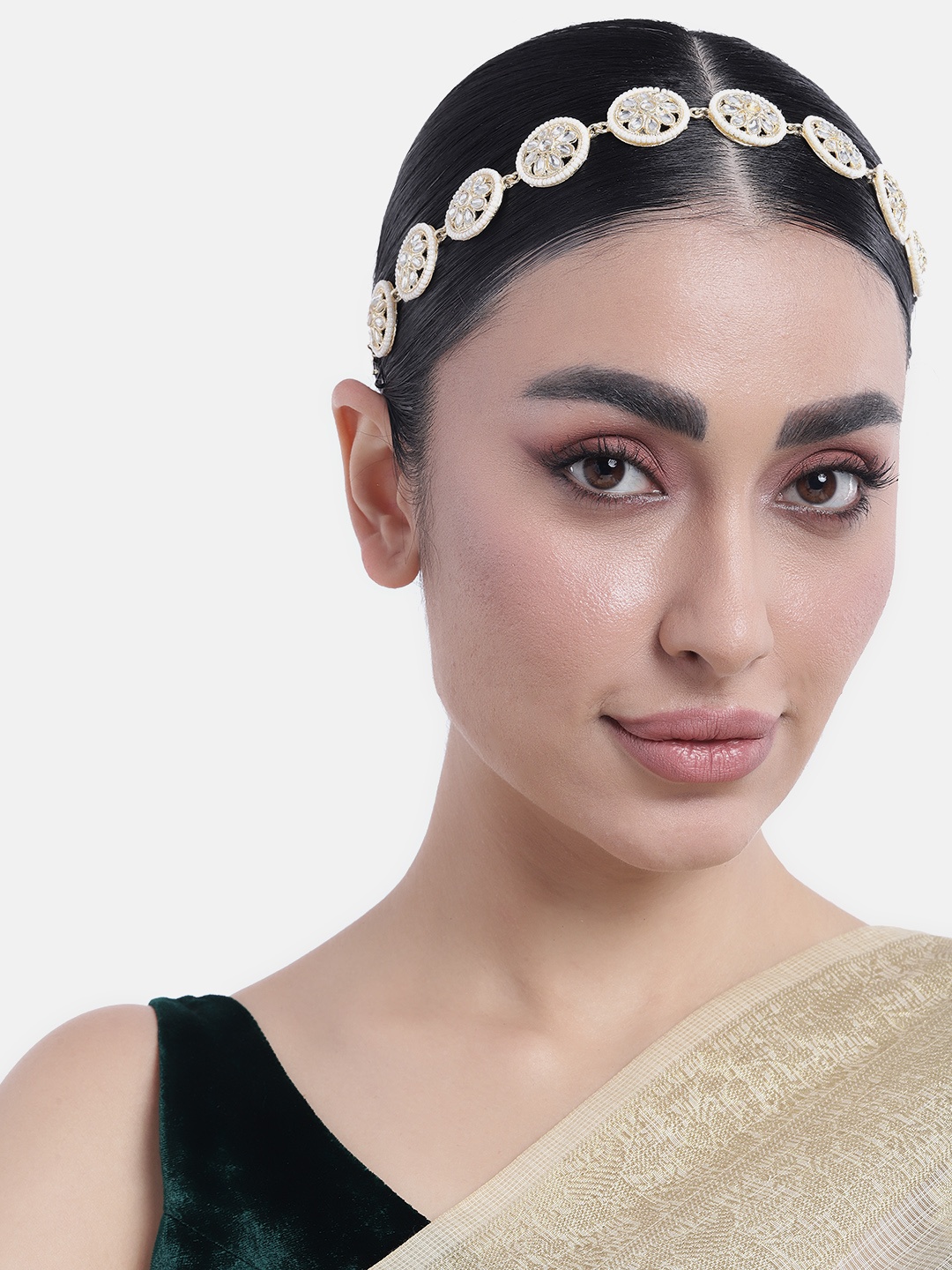 

Peora Gold-Plated Kundan-Studded Sheeshphool Matha Patti, White