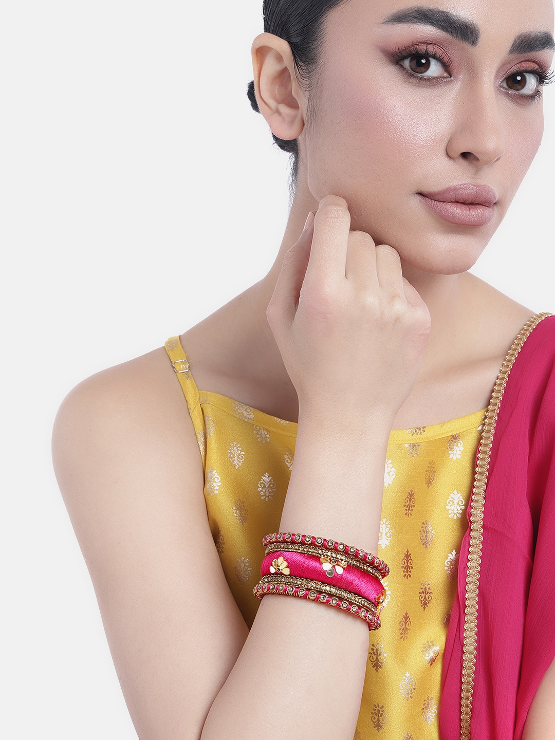 

Peora Women 10Pcs Kundan Studded Silk Thread Bangles, Pink