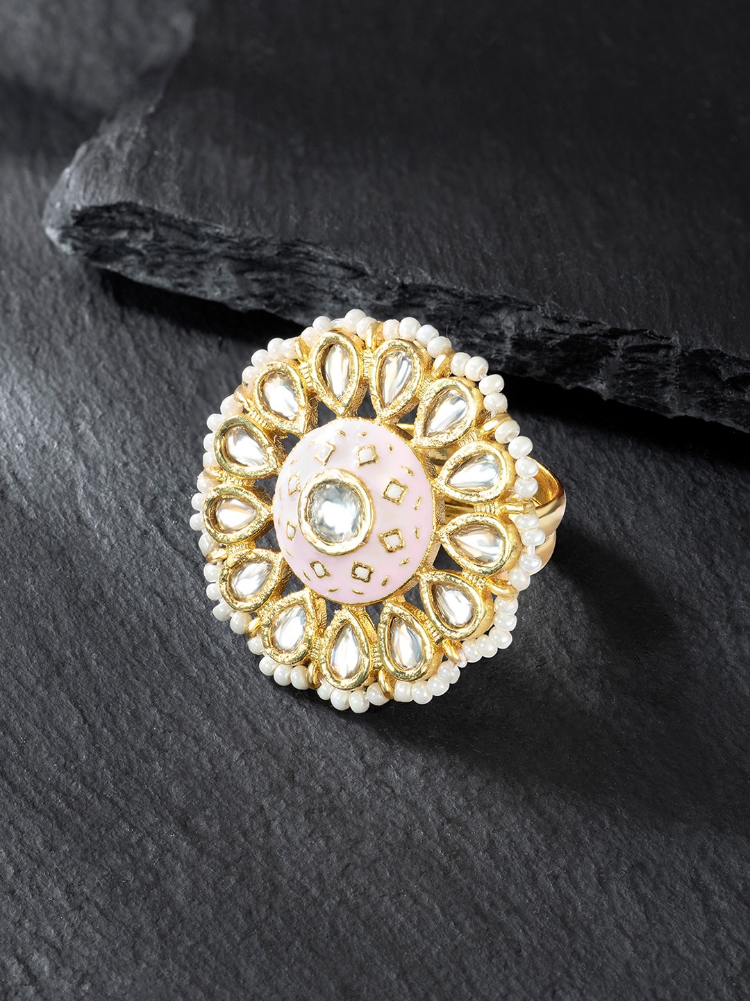 

Peora Gold-Plated Kundan Meenakari Finger Ring, Pink