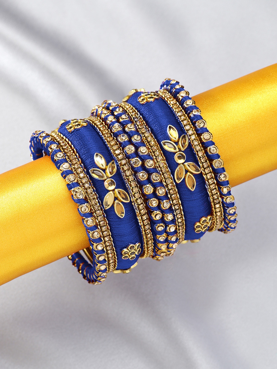 

Peora Women 10Pcs Gold-Plated Stone Studded Silk Threaded Bangles, Blue