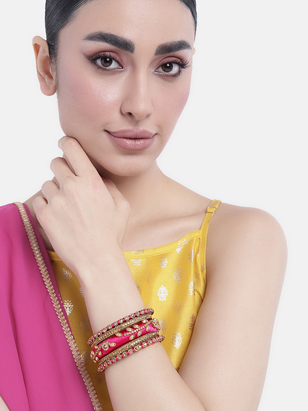 

Peora Women Set of 2 Kundan Studded Silk Thread Bangles, Pink