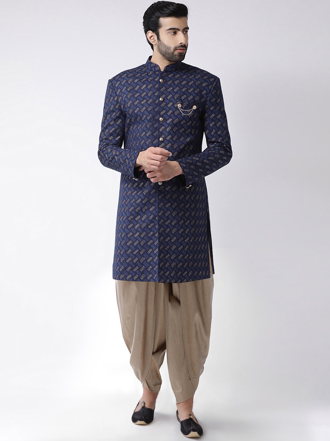 

KISAH Printed Indo-Western Sherwani Set, Navy blue