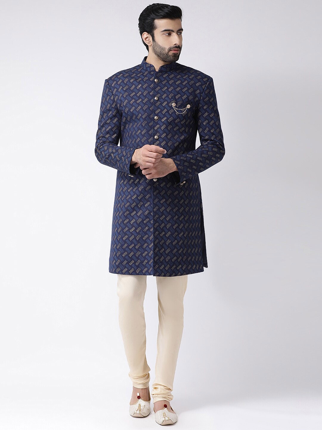 

KISAH Men Printed Mandarin Collar Long Sleeves Indowestern Sherwani Set, Navy blue