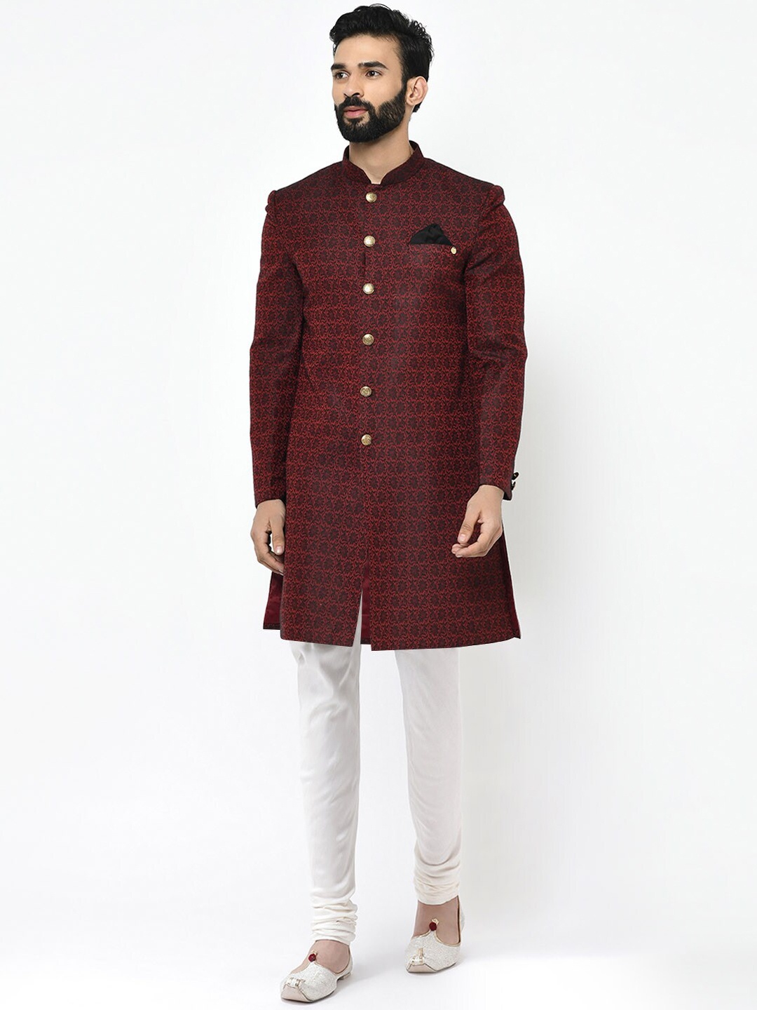 

KISAH Men Floral Woven-Design Indowestern Sherwani Set, Maroon