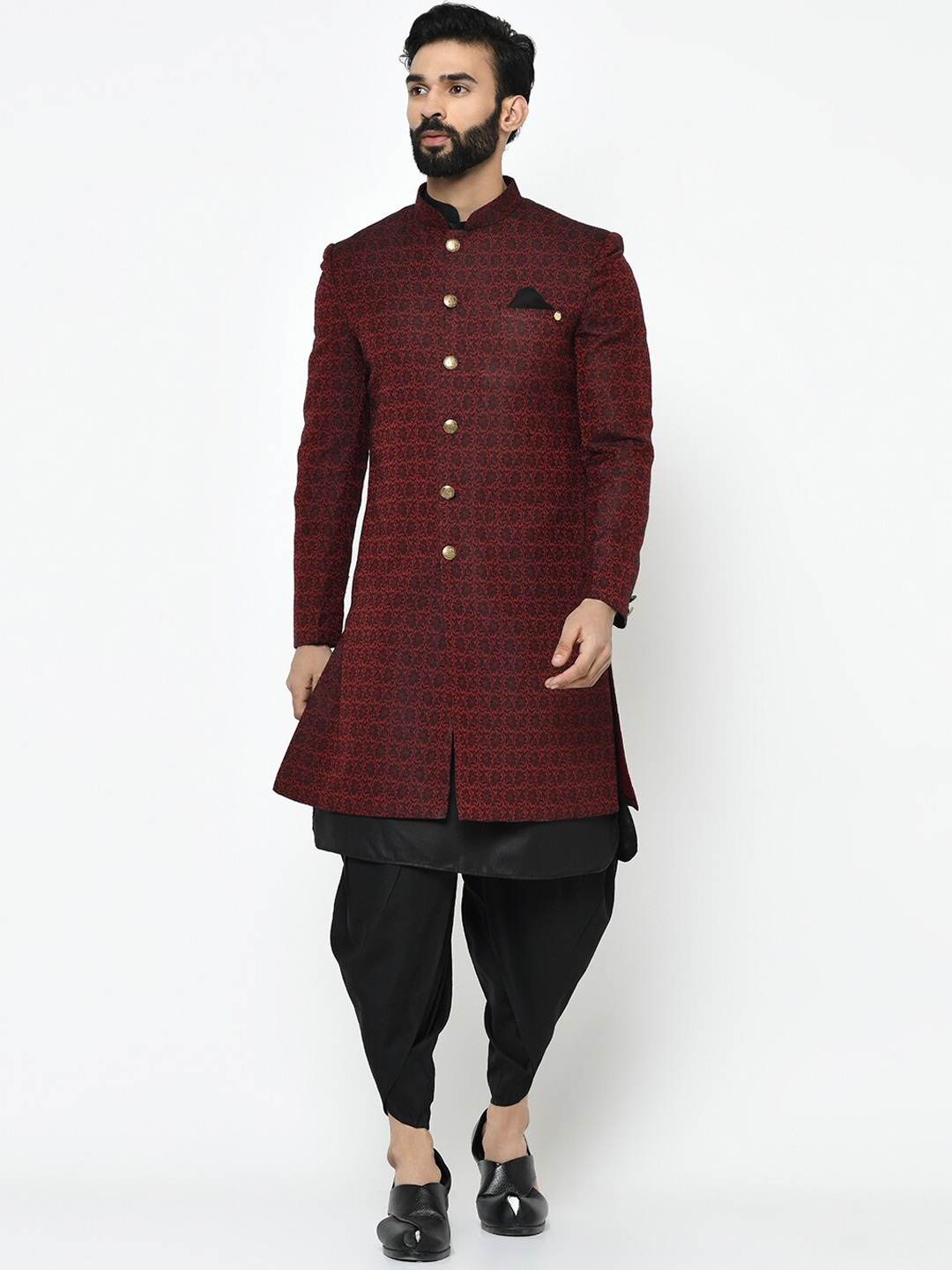 

KISAH Men Woven Design Indowestern Sherwani Set, Maroon