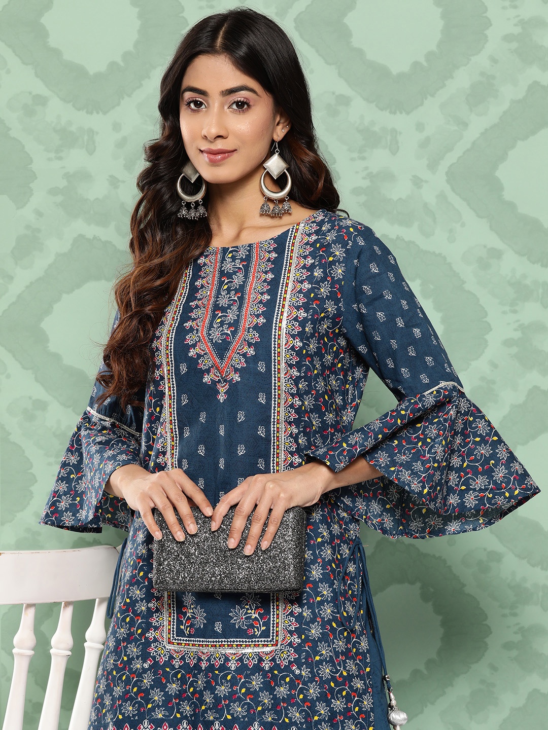 

Juniper Women Blue Floral Printed Regular Sequinned Pure Cotton Kurta with Palazzos