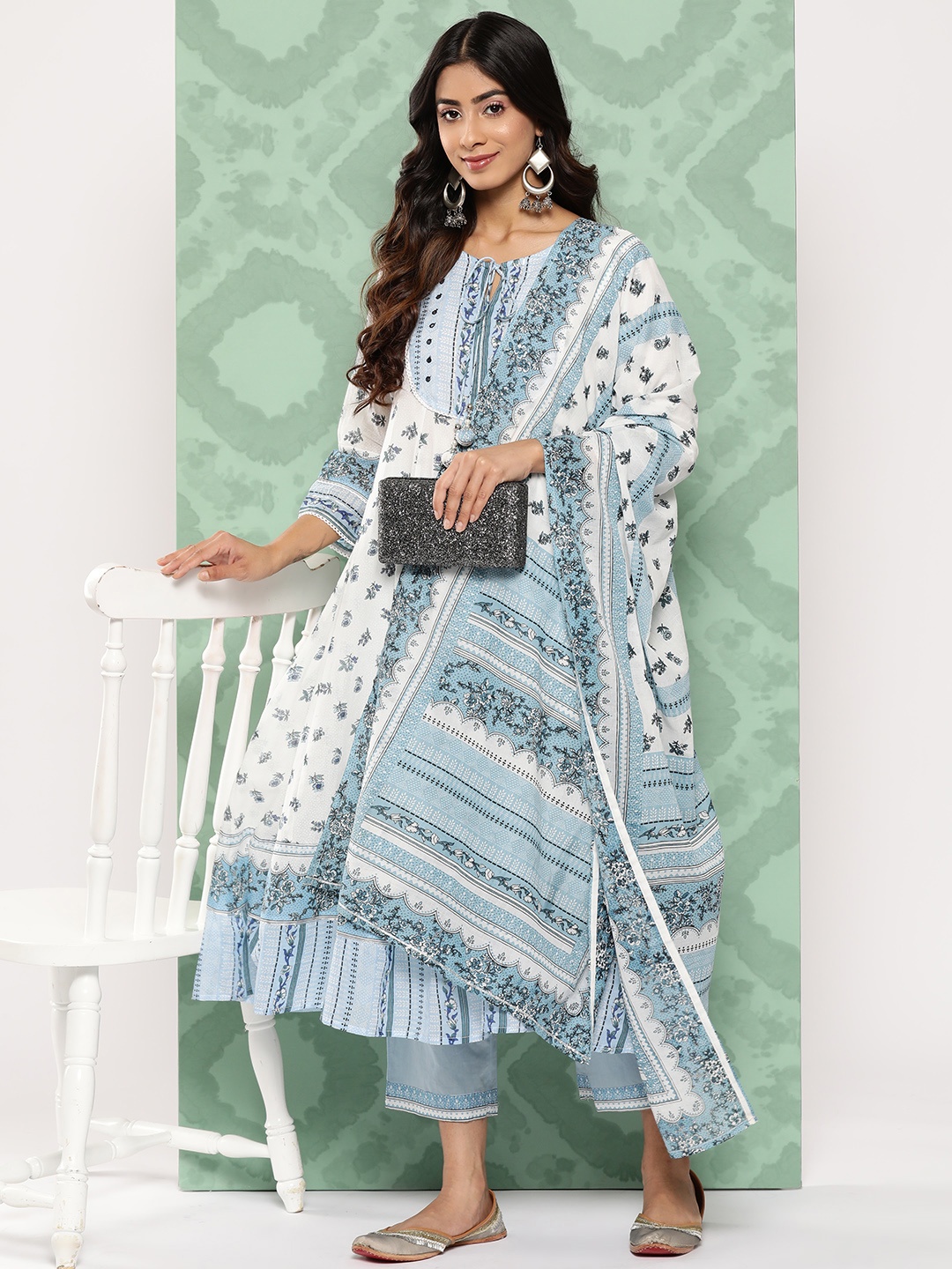 

Juniper Women White Floral Printed Panelled Sequinned Pure Cotton Kurta with Trousers & With Dupatta