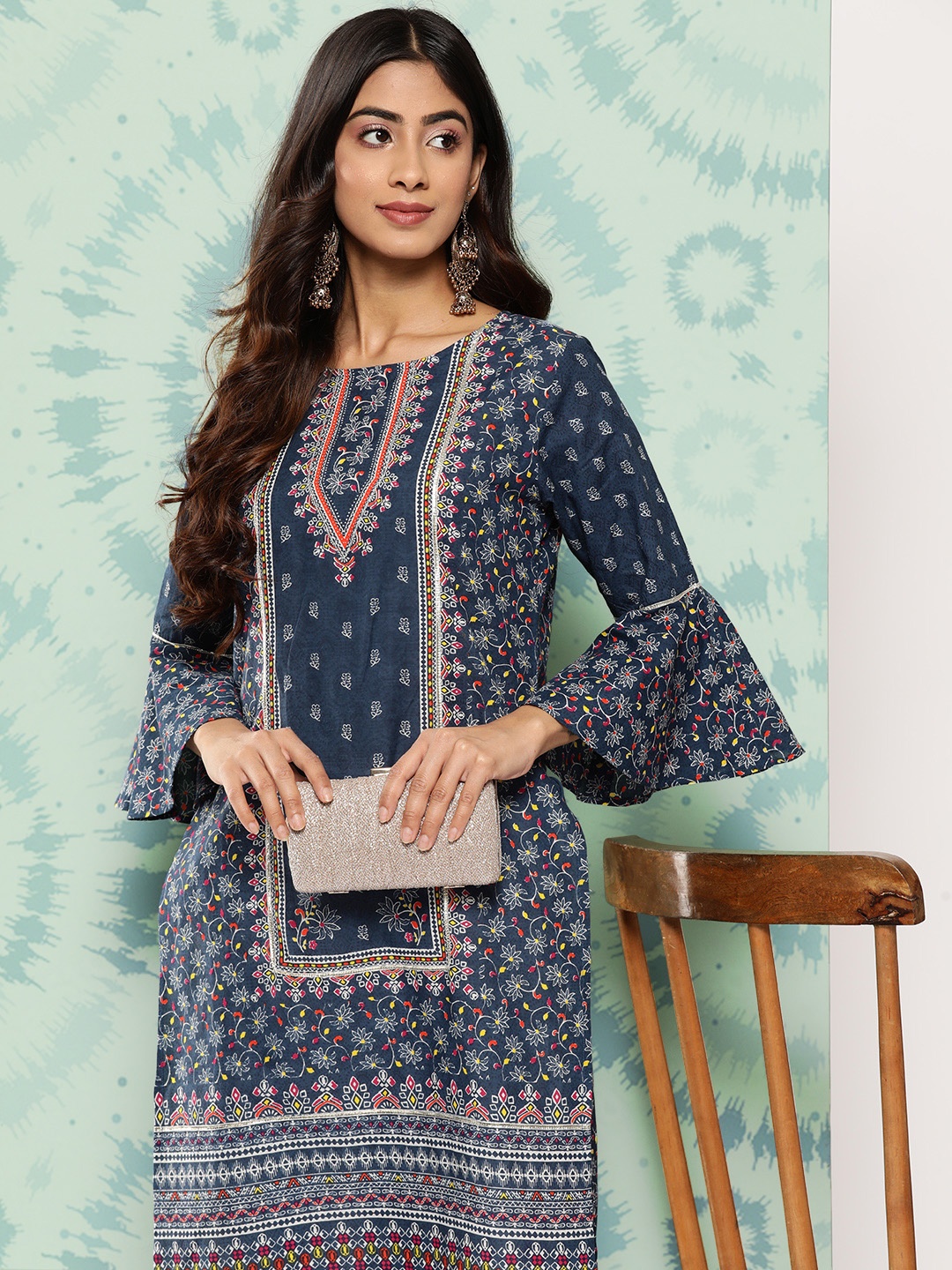 

Juniper Women Blue Floral Printed Flared Sleeves Gotta Patti Floral Kurta