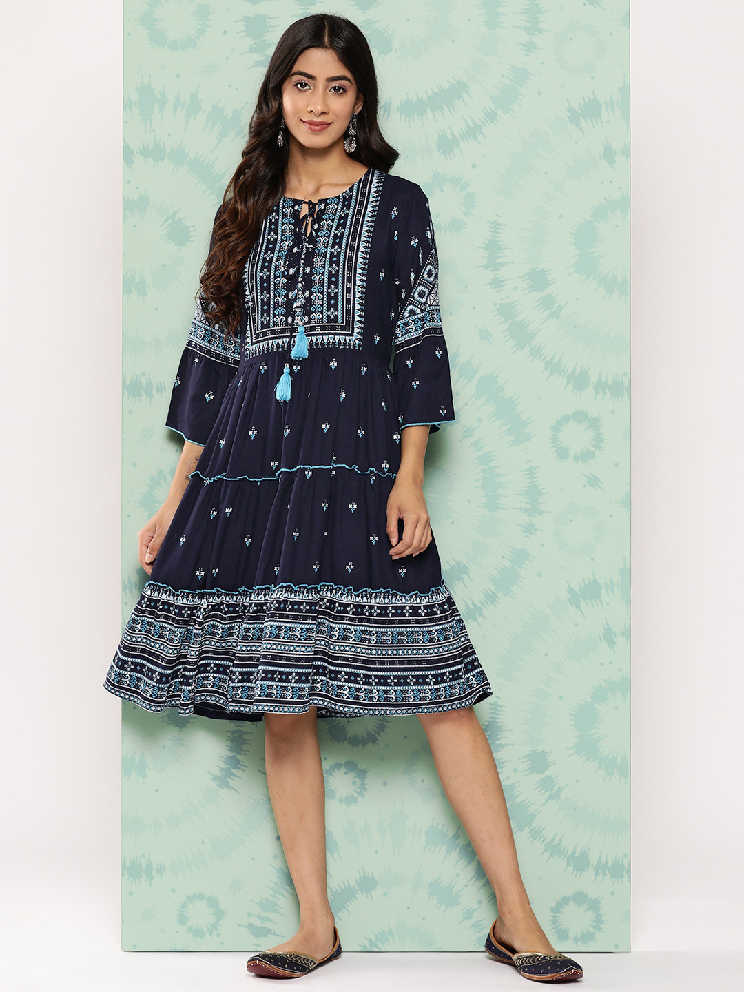 

Juniper Foil Printed Knee Length Dress, Navy blue