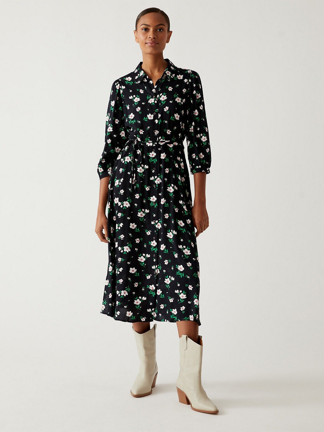 

Marks & Spencer Shirt Collar Floral Printed A-Line Midi Dress With Belt, Black