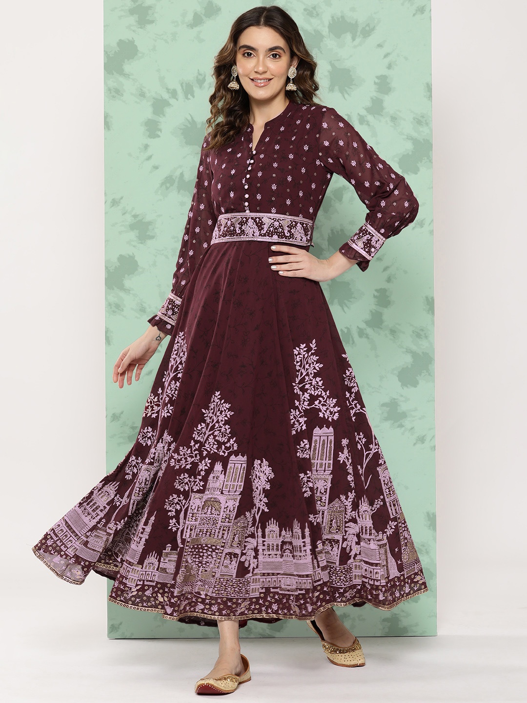 

Juniper Floral Printed Mandarin Collar Georgette Ethnic Dress With Belt, Burgundy