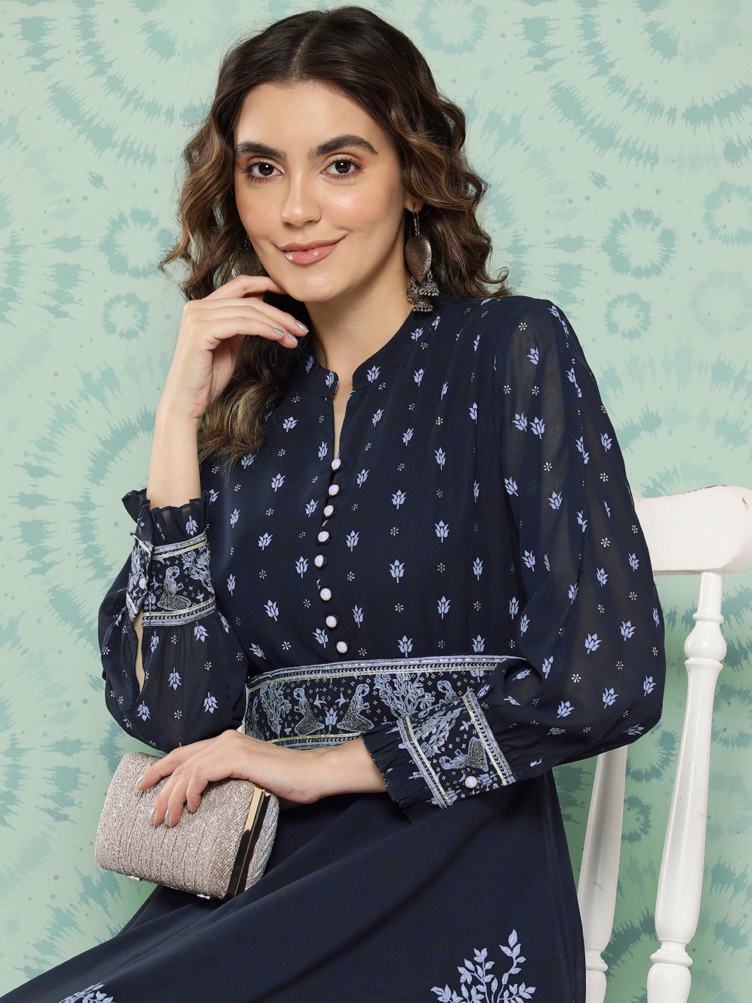 

Juniper Georgette Printed Flared Dress With Belt, Navy blue