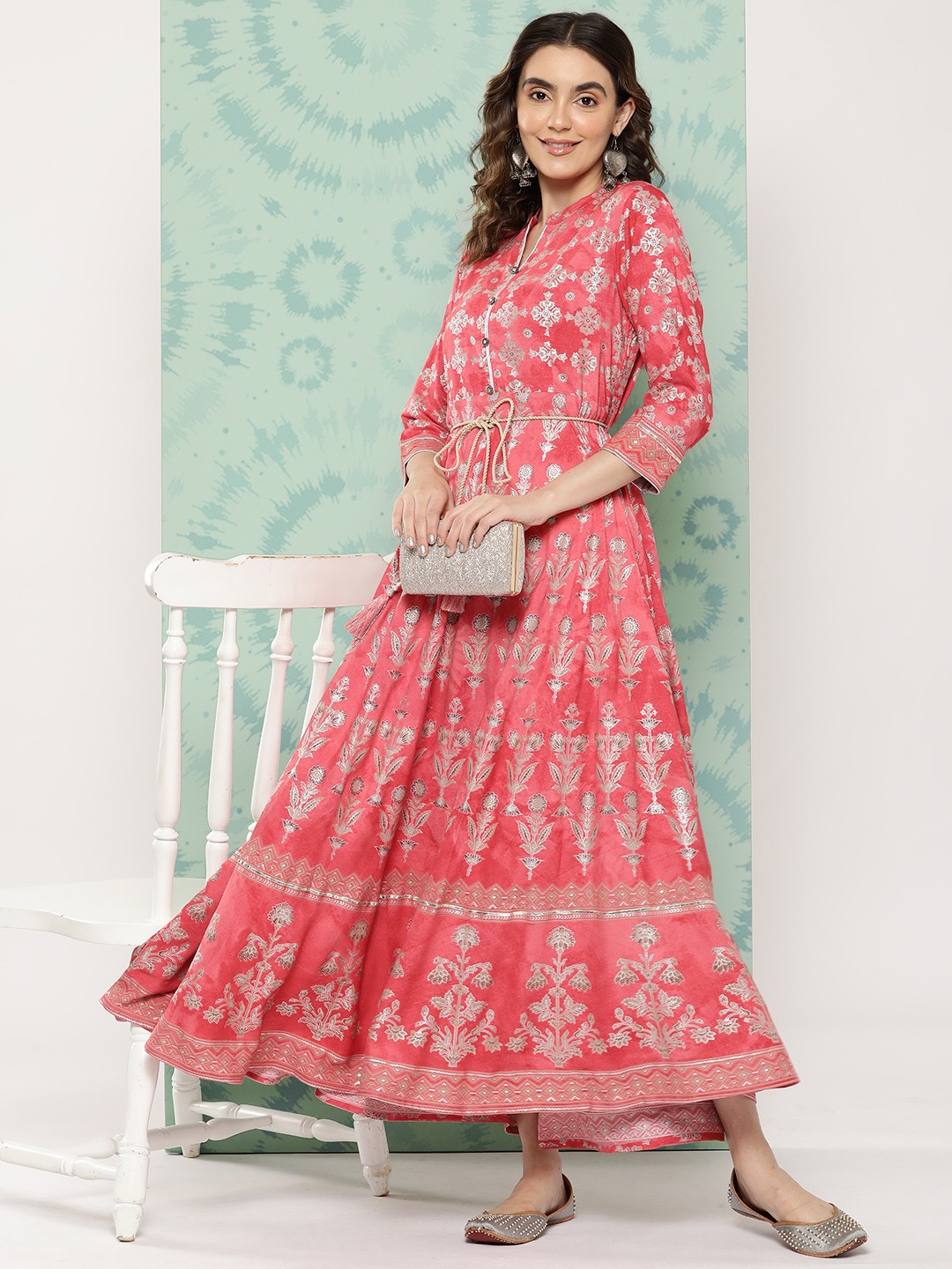 

Juniper Floral Motifs Printed Maxi Dress with Belt, Peach