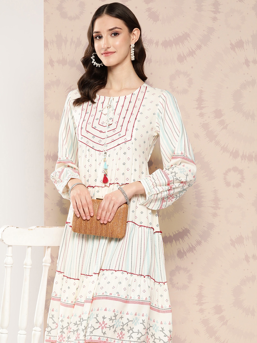 

Juniper Printed Tie-Up Neck Puff Sleeves Tiered Ethnic Dress, Cream