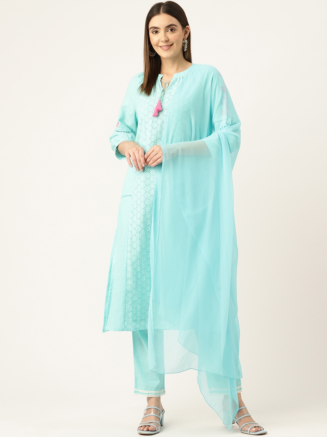 

MISRI Embroidered Pure Cotton with Palazzos & Dupatta, Turquoise blue