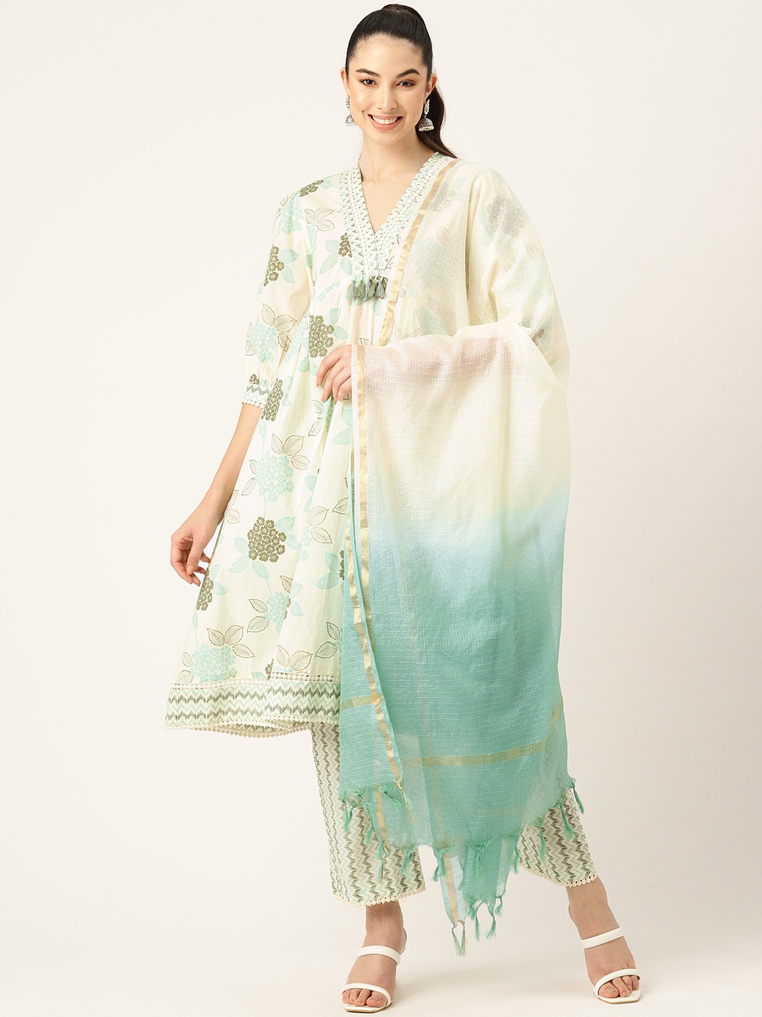 

MISRI Printed Pure Cotton with Palazzos & Dupatta, Sea green