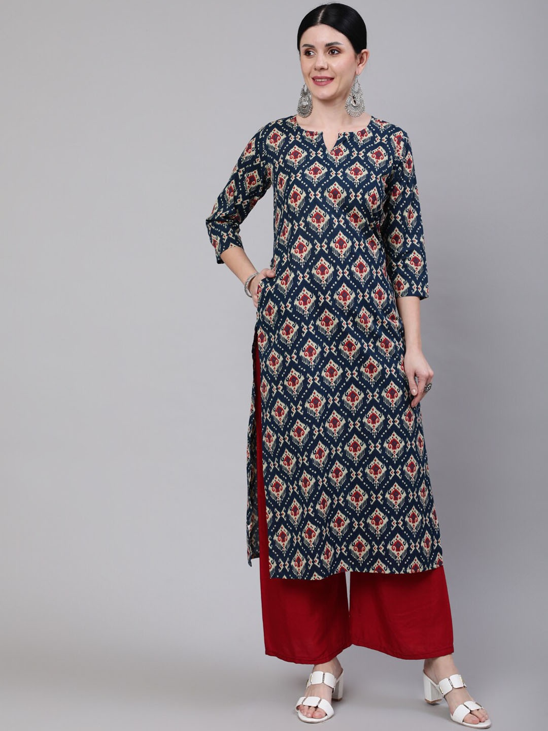 

Nayo Ethnic Motifs Printed Straight Pure Cotton Kurta, Blue