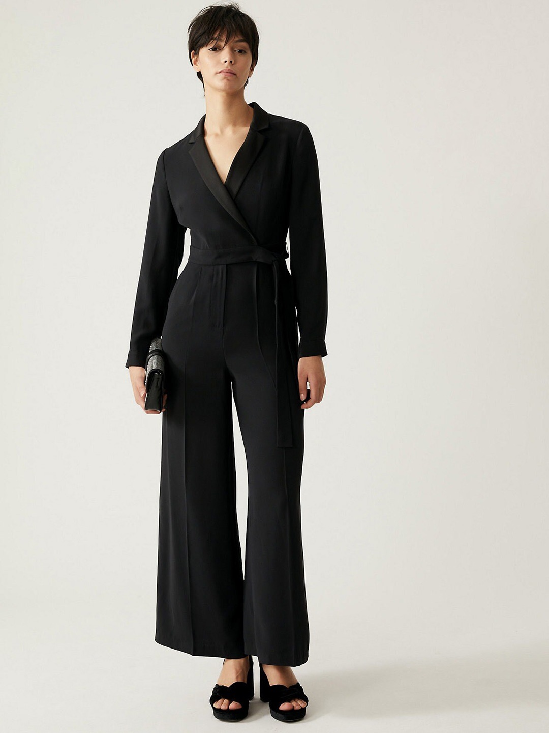 

Marks & Spencer Shawl Collar Culotte Jumpsuit With Waist Tie-Ups, Black