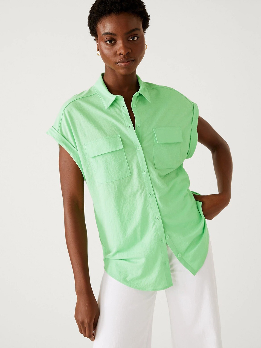 

Marks & Spencer Spread Collar Extended Sleeves Opaque Casual Shirt, Green