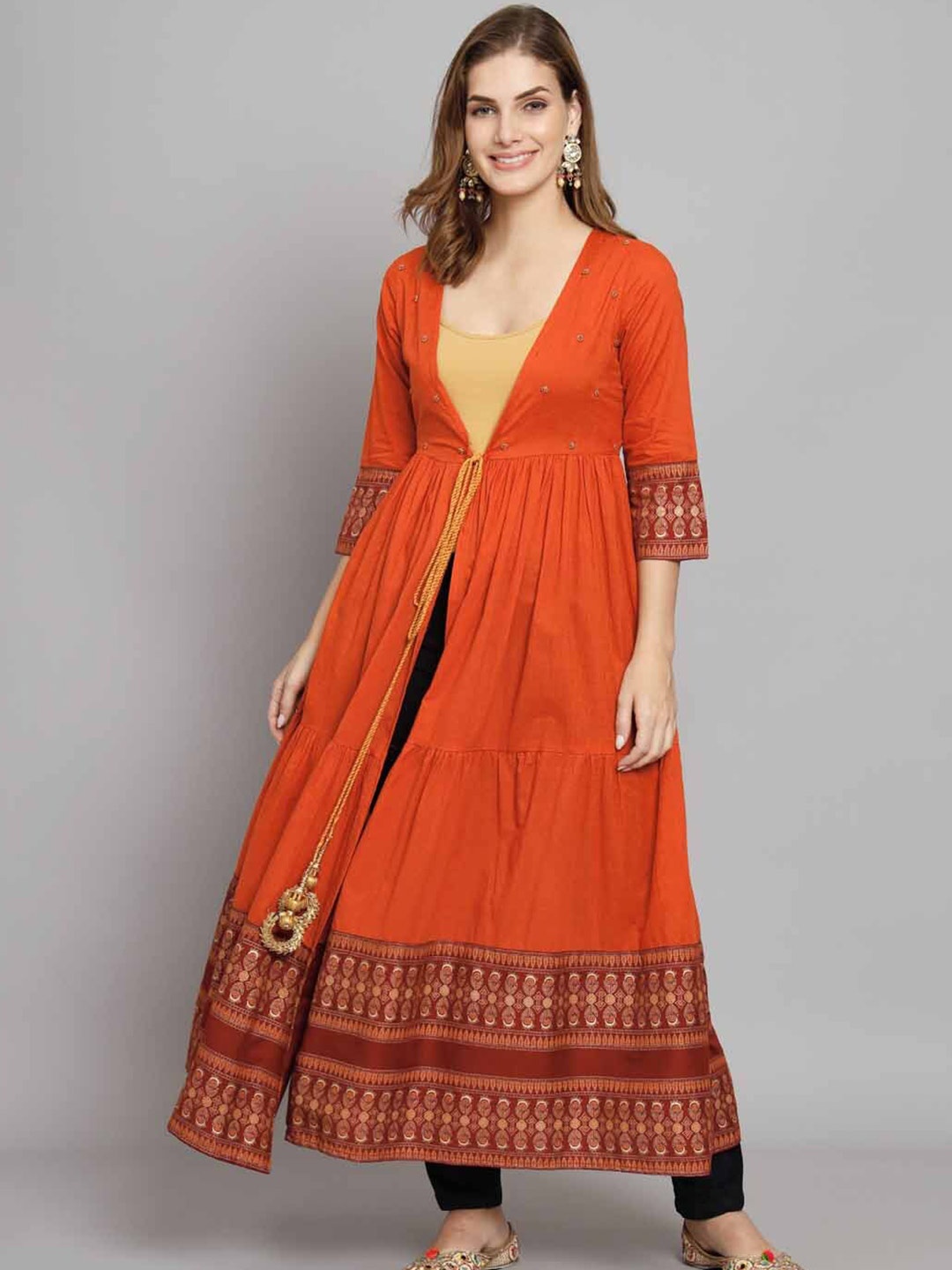 

KALINI Women Printed Embellished Longline Cotton Ethnic Tie-Up Maxi Shrug, Orange