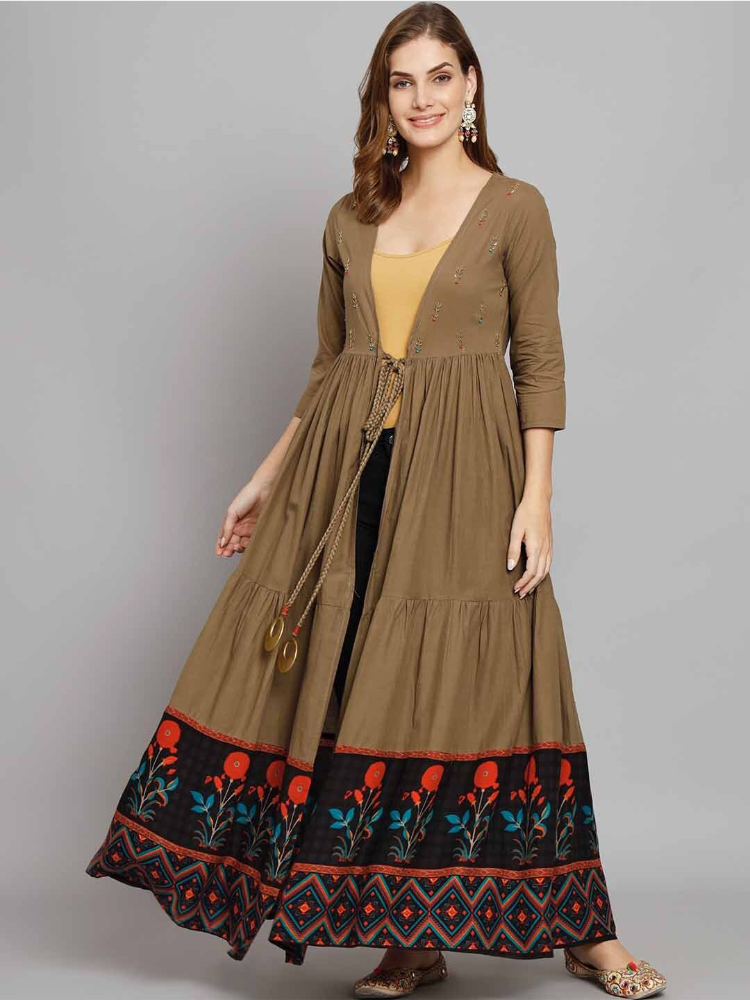 

KALINI Women Printed Embellished Longline Cotton Ethnic Tie-Up Maxi Shrug, Brown