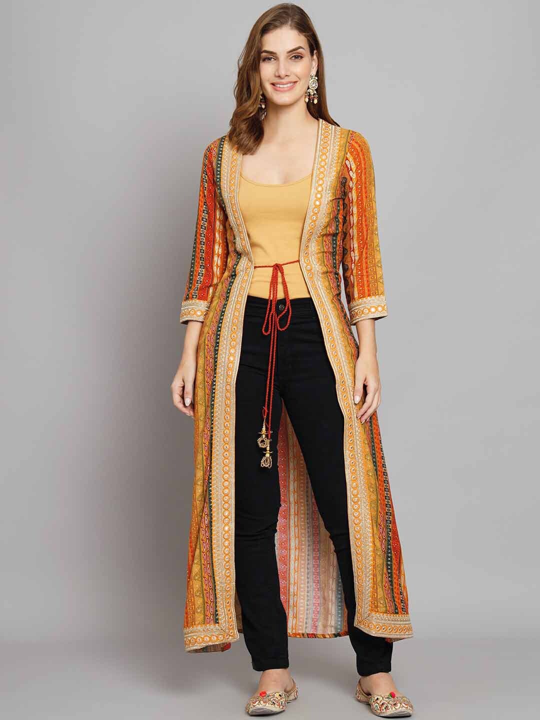 

KALINI Ethnic Printed Embellished Longline Tie-Up Shrug, Mustard